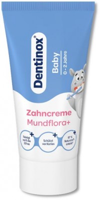 Dentinox Baby pastă de dinti Flora orala+, 0-2 ani, 30 ml., cu periuta tip degerat din silicon gratuita